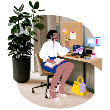 Офисная работница женского пола планирует за столом  в PNG, SVG