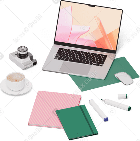 3D isometric view of laptop, folder, camera, cup of coffee, notebooks and markers PNG, SVG