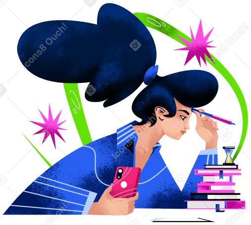 Girl with a phone is engaged in self-education Illustration in PNG, SVG