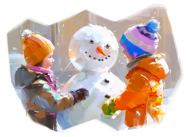 Картина маслом, на которой дети лепят снеговика в PNG, SVG