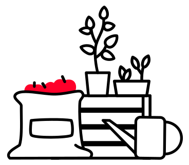 Apple harvest in a bag, potted plants on a box and a watering can PNG, SVG