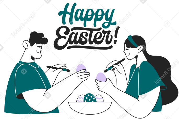 Lettrage joyeuses pâques avec une fille et un gars teignant le texte des œufs de pâques PNG, SVG