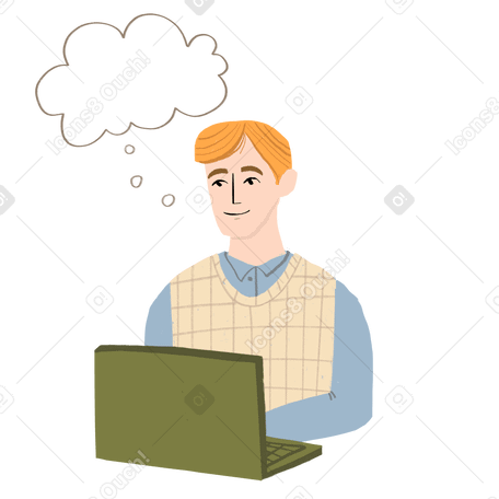 Blond man thinking behind a laptop PNG, SVG