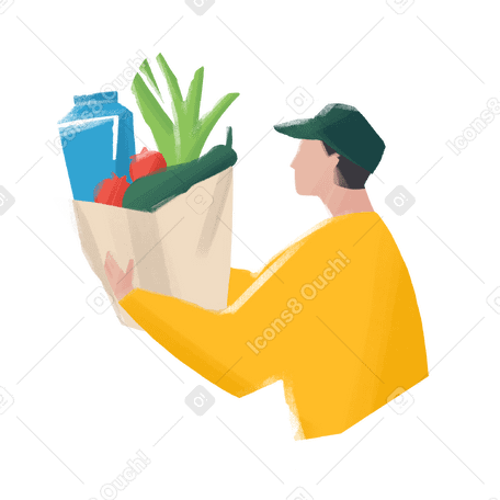 courier in a yellow jacket delivers a bag of groceries and vegetables Illustration in PNG, SVG