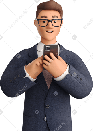 3D businessman in dark blue suit looking at phone Illustration in PNG, SVG