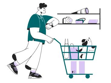 Man looking at smart watch while shopping with dog in shopping cart PNG, SVG
