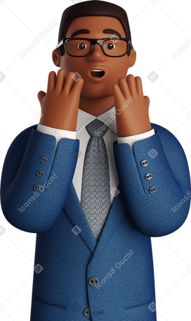 3D black astonished businessman in blue suit Illustration in PNG, SVG