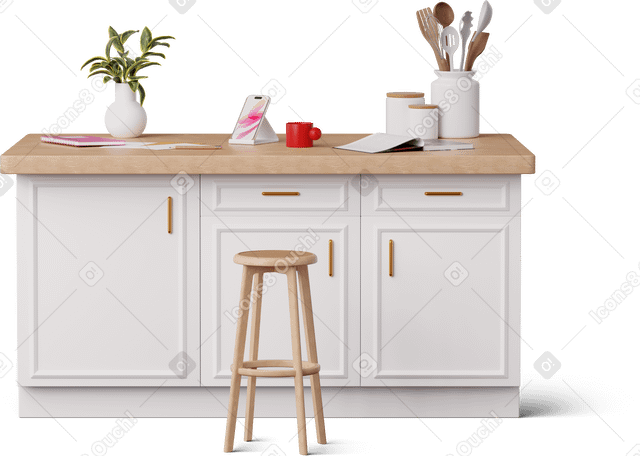 3D front view of smartphone and notes on the kitchen island PNG, SVG