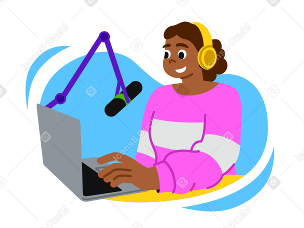Mujer con auriculares grabando un podcast PNG, SVG