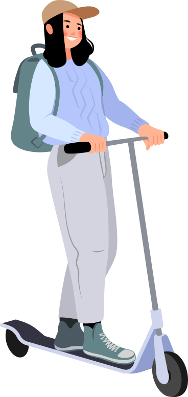 girl in a cap with a backpack on a scooter PNG, SVG