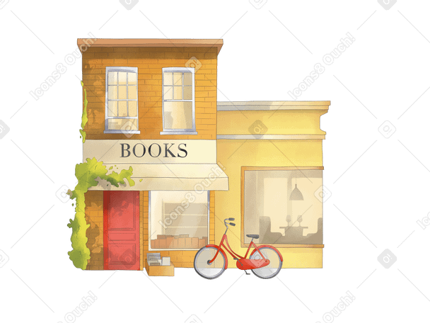 Bookstore building and bicycle Illustration in PNG, SVG