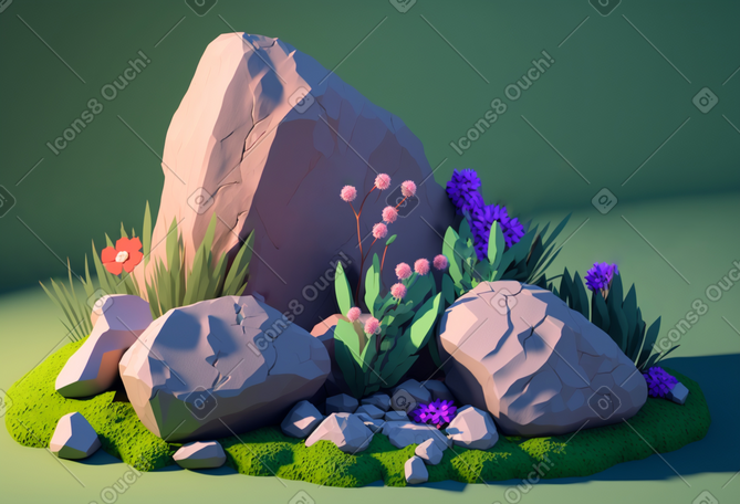 花与岩石的 3d 组合 PNG, SVG