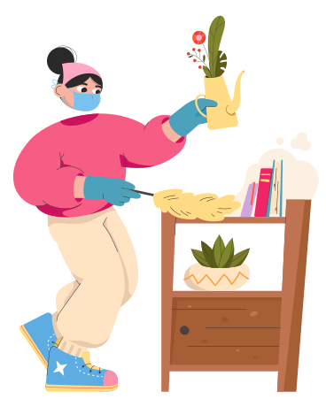 Mulher em uma máscara está limpando e escovando a poeira de uma prateleira de livros e flores PNG, SVG