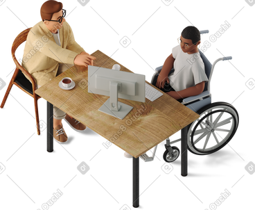 Young man and woman discussing a project on a computer PNG, SVG