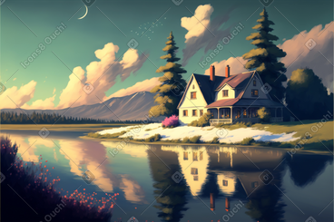 3D country house near the lake PNG, SVG