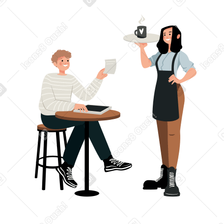 Waitress brings coffee to a customer Illustration in PNG, SVG
