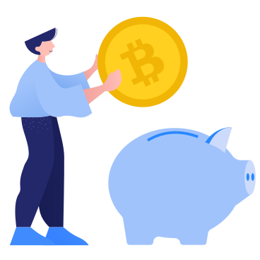 Man saving bitcoin in piggy bank PNG, SVG