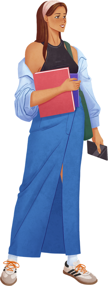 woman in long jeans skirt standing and holding a phone in her hand PNG, SVG