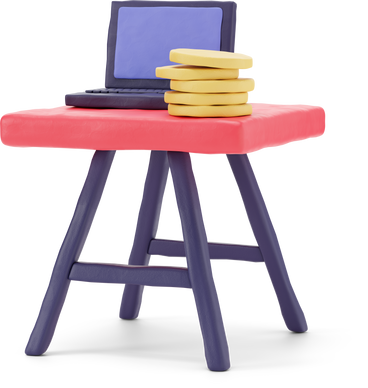 Open laptop and a pile of coins on a red table PNG, SVG