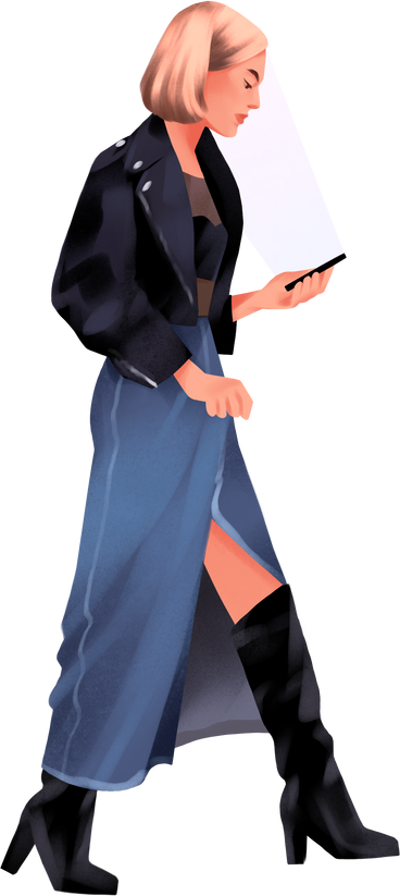 woman walking and looking at her phone PNG, SVG