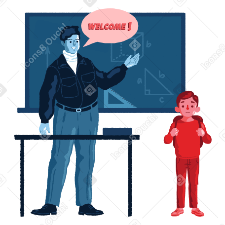 Teacher welcomes new student to class Illustration in PNG, SVG