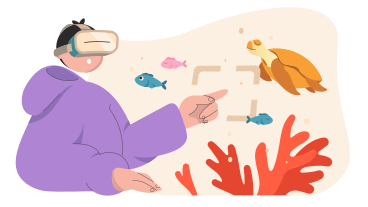 L'uomo con gli occhiali per realtà virtuale vede una tartaruga e un pesce PNG, SVG
