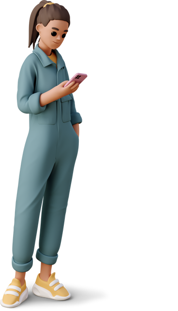 young woman in the worker jumpsuit looking at smartphone PNG, SVG
