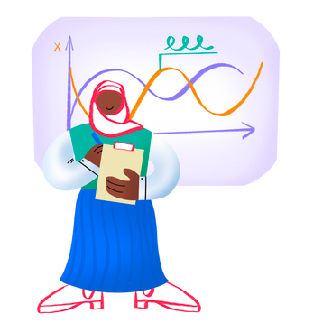 Woman in headscarf studying near whiteboard PNG, SVG