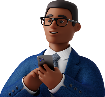 close up of black businessman in blue suit with phone looking aside PNG, SVG