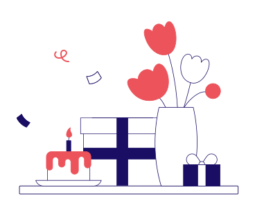 Cajas de regalo de cumpleaños, pastel con velas y flores. PNG, SVG