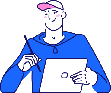 man in a cap holdind a tablet and stylus PNG, SVG