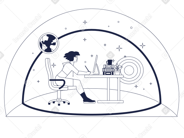 Concentrated graphic designer working on computer in space animated illustration in GIF, Lottie (JSON), AE