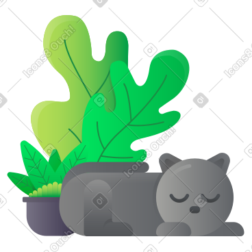 睡在室内植物旁边的家猫 PNG, SVG