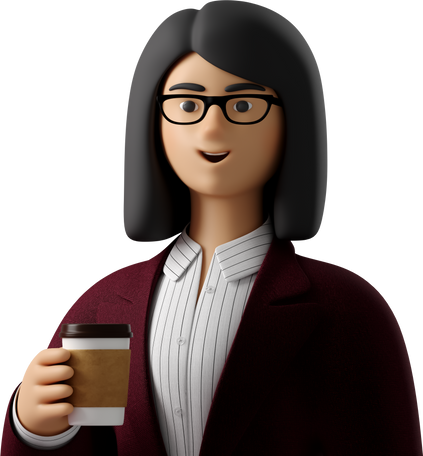 3D close up of businesswoman in red suit with paper coffee cup Illustration in PNG, SVG