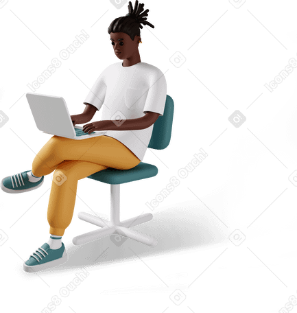 3D young man sitting with laptop on knees Illustration in PNG, SVG