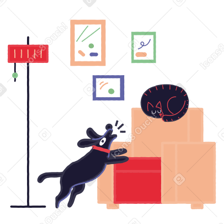 Dog barking at a sleeping cat in living room PNG, SVG