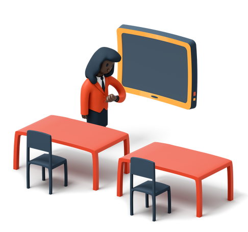 Teacher waiting for students in empty classroom Illustration in PNG, SVG
