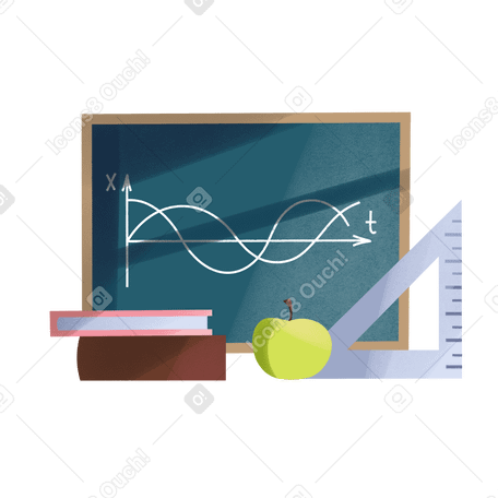 Chalk board with textbooks and ruler for math lesson Illustration in PNG, SVG