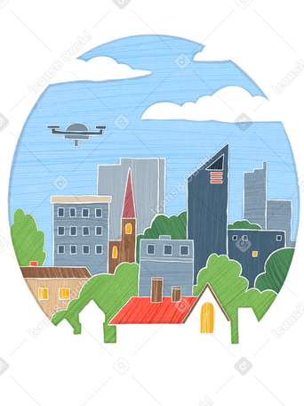 Urban landscape with flying drone in a rounded frame PNG, SVG