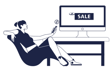 Woman sitting in chair and doing marketing with phone and screen PNG, SVG