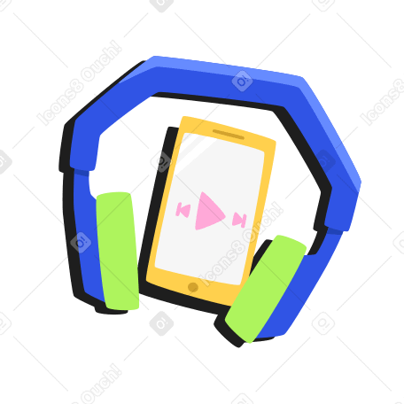 Phone with player buttons on the screen and headphones Illustration in PNG, SVG
