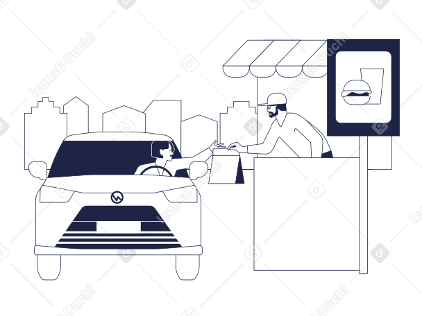 Illustration Un homme en voiture achète de la restauration rapide au kiosque mac auto dans la rue aux formats PNG, SVG