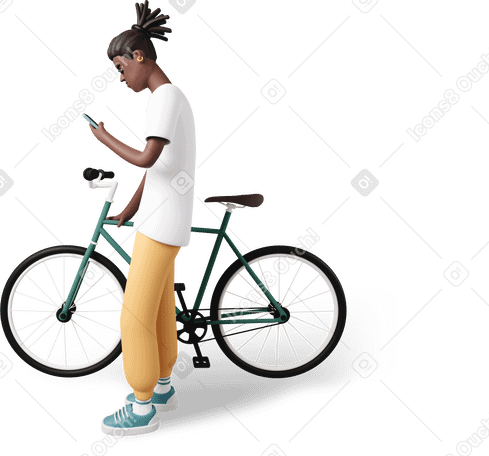 3D side view of young man standing with bike and looking at phone PNG, SVG