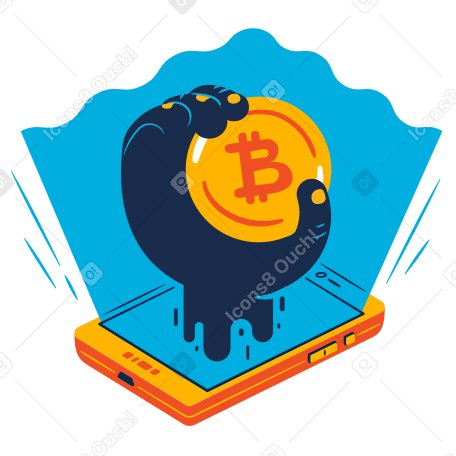 Hand with bitcoin reaching out of a phone PNG, SVG