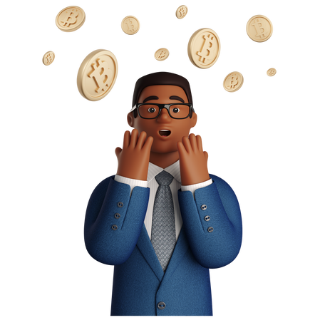 Man surprised under the bitcoin rain Illustration in PNG, SVG
