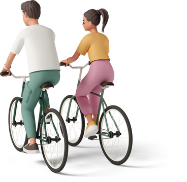 three-quarter back view of young couple riding bicycles PNG, SVG