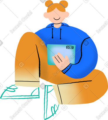 School girl sitting with a tablet PNG, SVG