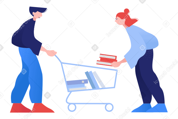 Casal colocando livros no carrinho de compras PNG, SVG