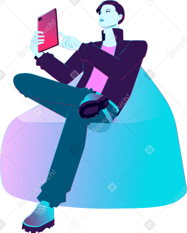 Jovem sentado em um saco de feijão com um gadget PNG, SVG