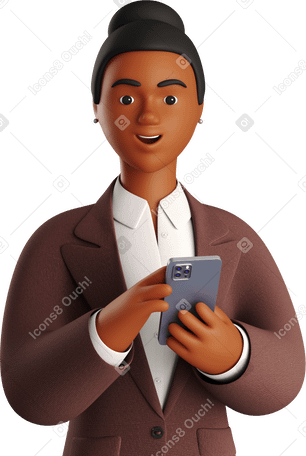3D black businesswoman in brown suit with phone looking straight PNG, SVG